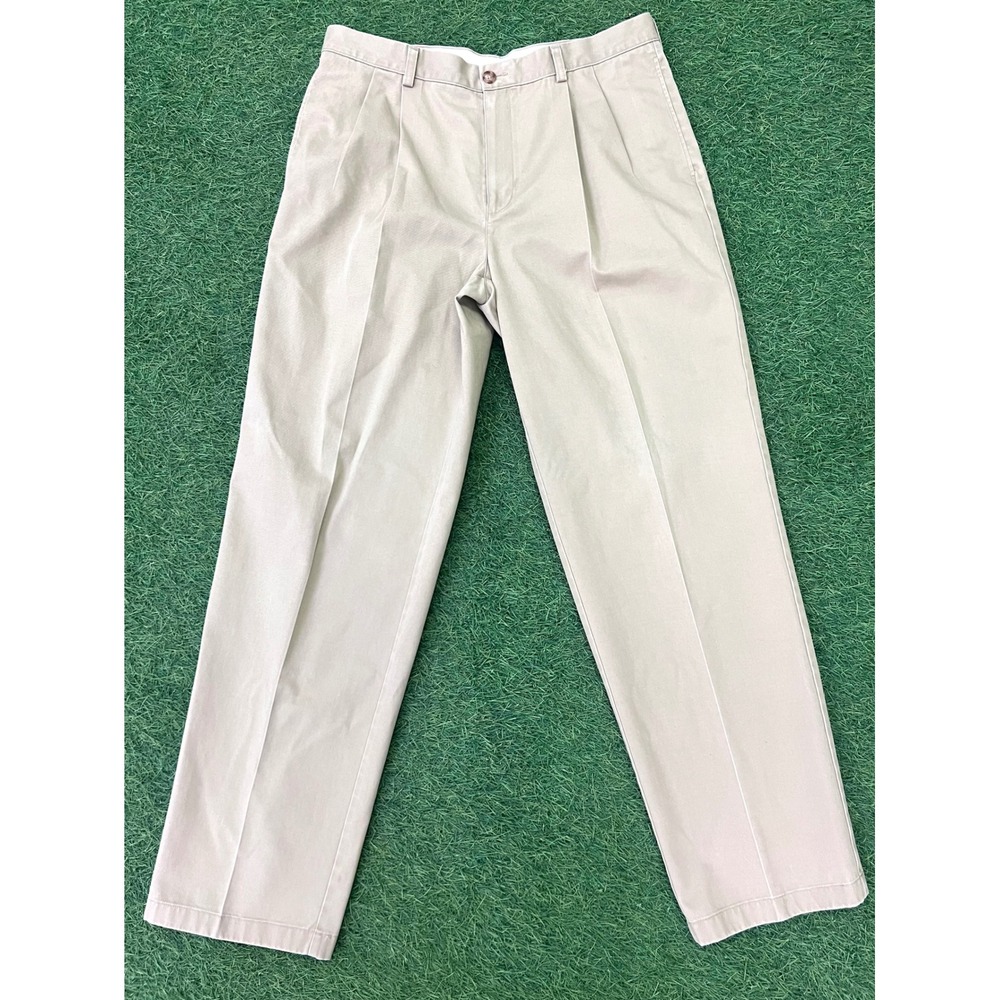 LL‎ Bean Mens Natural Fit Pleated Chinos Khaki Tan Cotton Pants 212336 35x34
